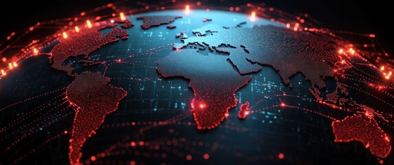 Digital 3D globe highlighting continents with glowing red connected data points and lines symbolizing global communication and technology networks
