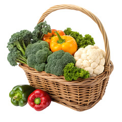 Vibrant Vegetable Harvest: Colorful Peppers, Broccoli, and Cauliflower in a Rustic Basket on transparent background