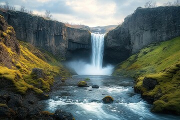 Fototapeta premium Waterfall flowing between moss-covered rocky cliffs into a river with scattered rocks under a cloudy sky