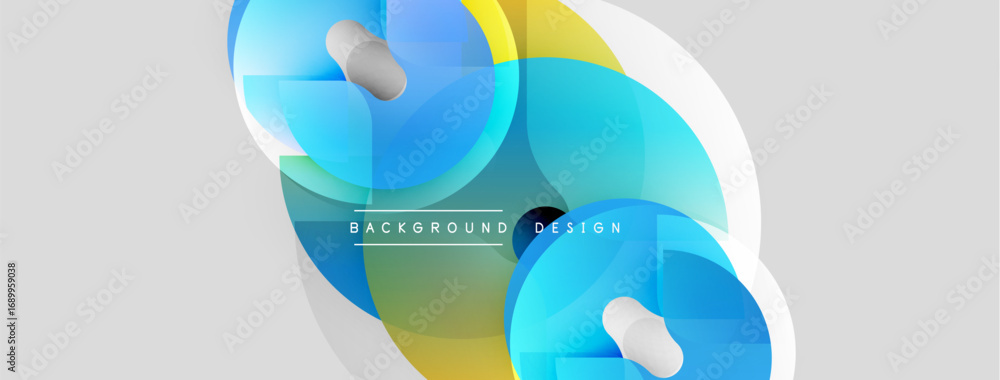 Poster Abstract fluid shapes overlap, creating dynamic composition. Blue, yellow hues dominate light gray backdrop. Modern design element.
