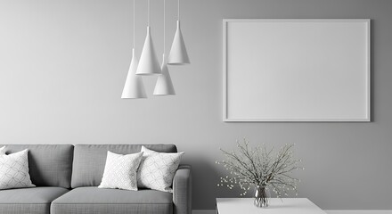 Modern Minimalist Gray Living Room Interior.