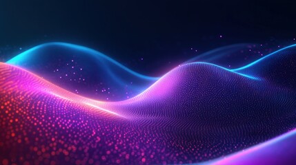 Abstract digital waveforms with glowing pink, purple, and blue particles forming smooth undulating hills on a dark background, evoking a futuristic and dynamic atmosphere