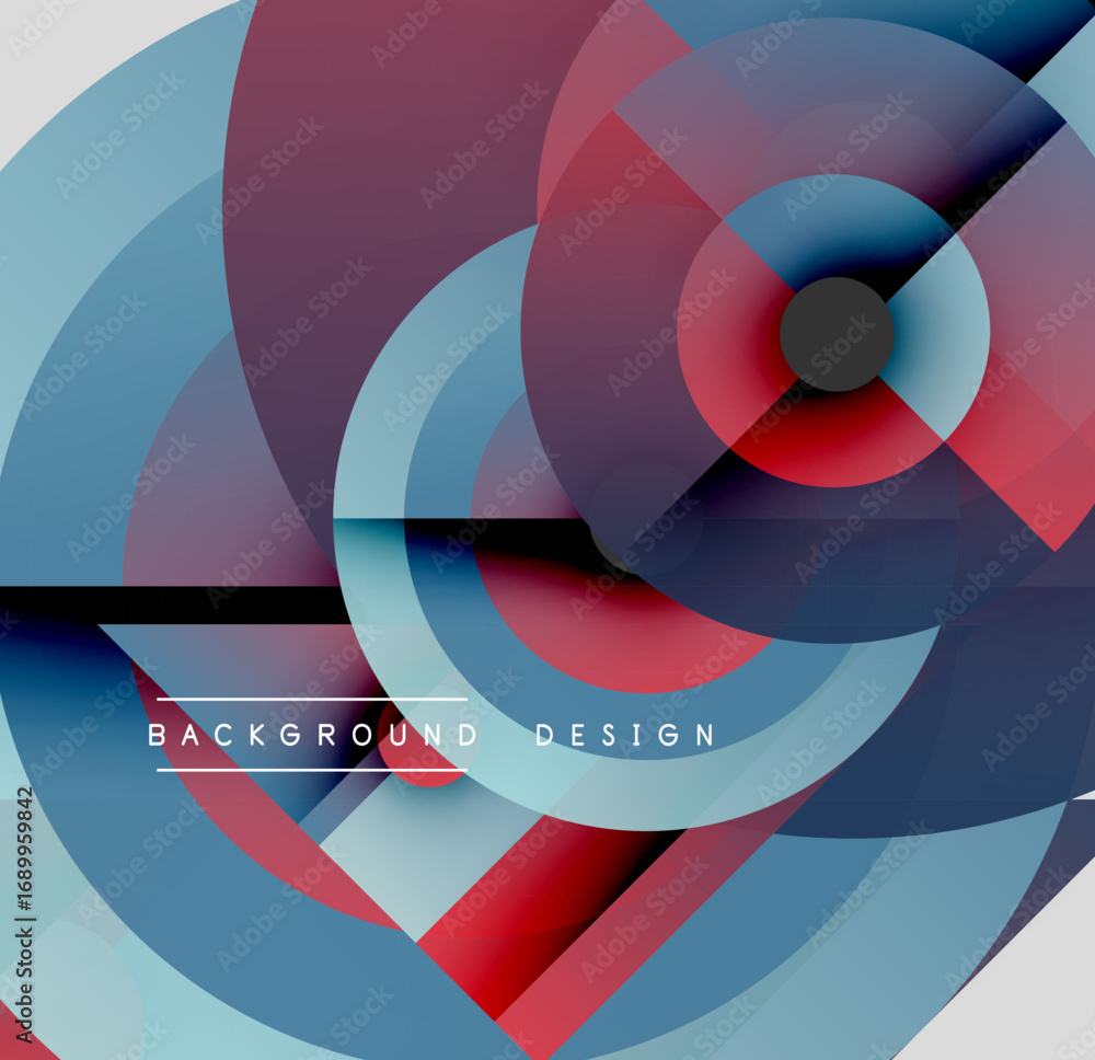 Poster abstract circular design. overlapping shapes create dynamic visual effect. red, blue, purple hues do