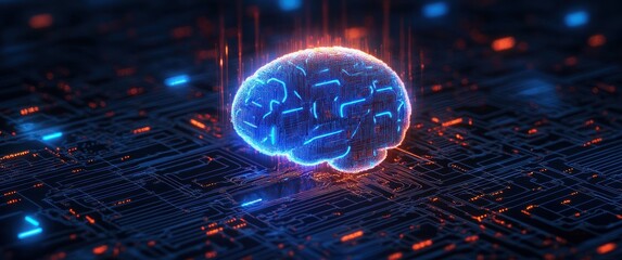 Glowing digital brain hologram floating above a complex circuit board emitting blue and orange light symbols representing artificial intelligence and technology