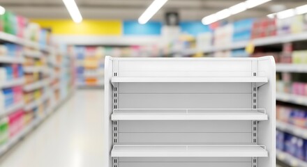 Empty Supermarket Shelves in Bright Aisle.