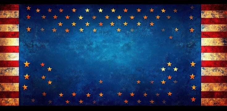 Abstract background featuring a distressed American flag design with scattered multicolored stars on a textured blue field and red and white stripes on the sides