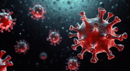 Close-up 3D illustration of multiple red spherical virus particles with spike-like protrusions floating in a dark environment
