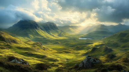 Expansive green mountain valley bathed in dramatic sunlight breaking through cloudy sky with rocky hills and a small lake in distance