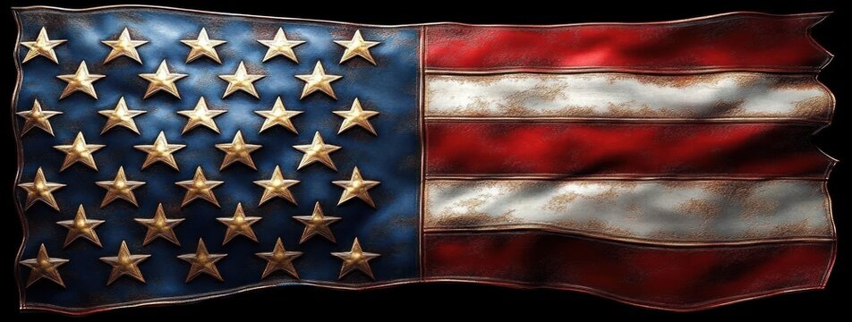 Metallic American flag with gold stars and weathered red and white stripes waving on black background