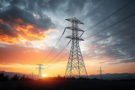 Tall electrical transmission towers standing in a field at sunset with dramatic clouds and vivid orange and blue sky