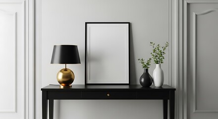 Black Console Table with Gold Lamp and Picture Frame.