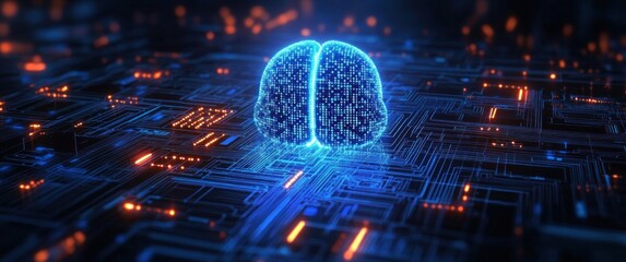 Glowing digital representation of a human brain floating above a futuristic circuit board with illuminated pathways and nodes