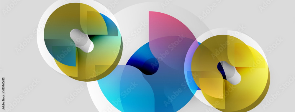 Poster abstract colorful circles overlap, creating dynamic visual composition. bright hues blend, forming g