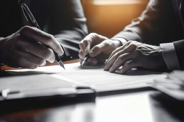 Two individuals in formal attire signing documents together with pens at a desk under warm lighting