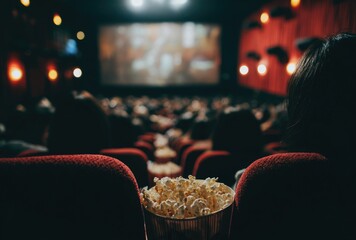 Theater view bucket of popcorn, red seats, blurred audience watching a film on a screen