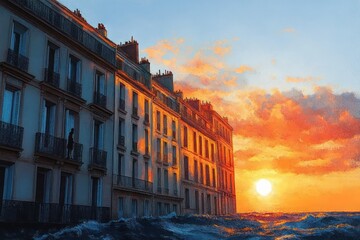 Sunset casting golden light on waterfront buildings with waves crashing against the shore under a partly cloudy sky