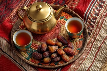 Traditional brass teapot on a woven tray with two small cups filled with tea and a pile of dates on colorful embroidered fabric