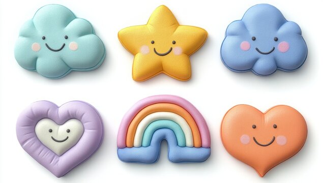 Six colorful smiling plush shapes including clouds, stars, hearts, and a rainbow arranged on a white background, evoking a cheerful and playful feeling