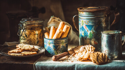 Vintage kitchenware holding handcrafted snacks, bathed in warm nostalgic light.
