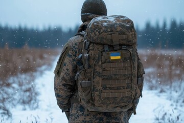 Soldier wearing winter camouflage gear and backpack walking through snowy field with forest in the background under grey sky
