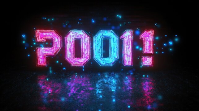 Glowing digital numbers forming 2025 with vibrant pink and blue neon light particles floating around on a dark reflective surface, creating a futuristic atmosphere