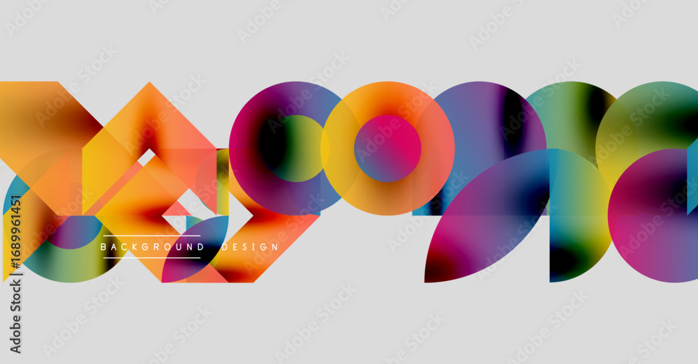 Poster abstract colorful shapes overlap, creating dynamic visual effect. gray background provides contrast,
