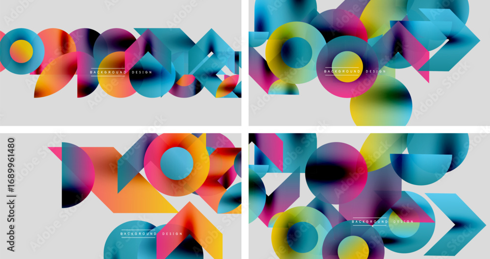 Poster Abstract colorful geometric shapes. Overlapping circles, triangles create dynamic compositions. Modern design elements, vibrant hues present.