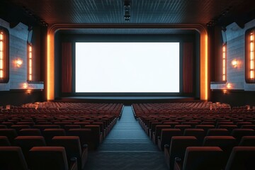 Fototapeta premium Empty modern movie theater with rows of red seats facing a large blank white screen and warm glowing wall lights creating a calm atmosphere