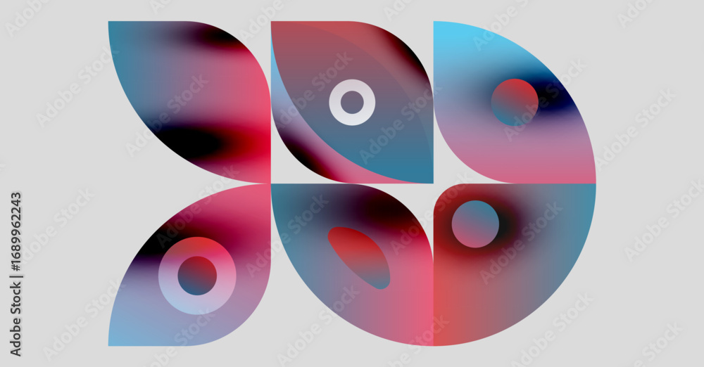Poster abstract shapes overlap, creating colorful design. gradient hues blend, forming dynamic composition.