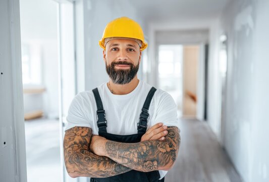 Friendly, tattooed construction worker with yellow hardhat smiles with arms crossed in unfinished hallway, light and airy, minimalist background