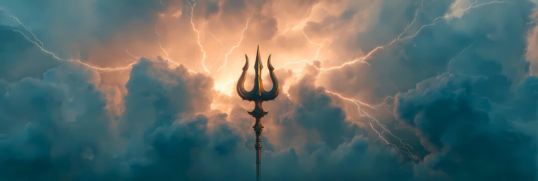 Powerful spiritual trident glowing with divine light amidst ethereal misty colorful smoke clouds representing divinity and power