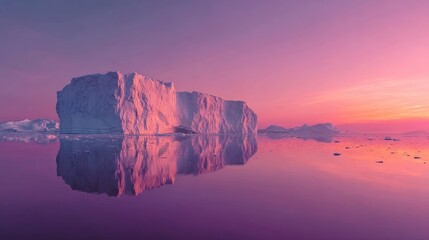 A majestic iceberg reflects in still, violet water, beneath a stunning pink and orange sunset sky. Breathtaking polar landscape