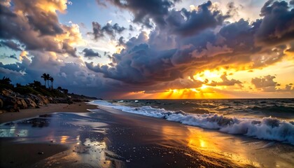 Sunset over beach with dramatic clouds and waves