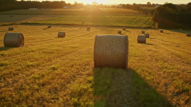 Golden bales dot sundrenched countryside