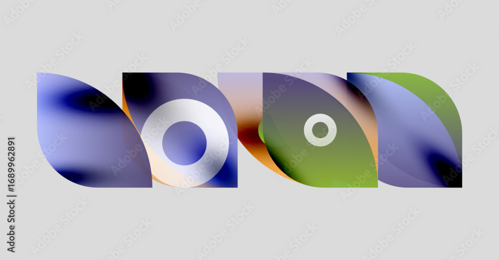 Poster abstract shapes overlap, creating colorful visual composition. blue, green hues dominate, with circu