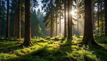Sunlight streams through a dense forest (3)