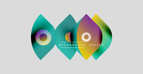 Abstract shapes overlap, creating vibrant color gradients. Design features text background design centered between elements. Minimalist style, light gray backdrop.