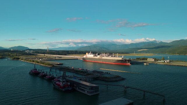 A LNG ship sits at port as it is loaded with liquified natural gas in Kitimat, British Columbia