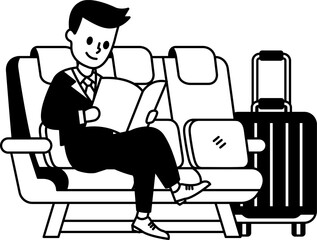 black and white illustration of A businessman reading a book and sitting on a seat