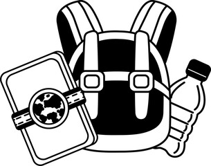 black and white illustration of A backpack with a map and a bottle of water