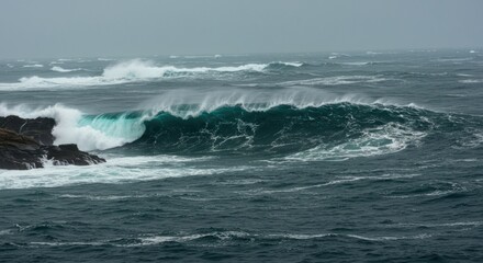 Fototapeta premium Powerful Ocean Wave Crashing Against Rocky Shoreline