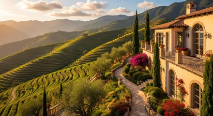 Luxurious Villa Overlooking Lush Terraced Vineyards and Rolling Green Hills