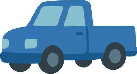 Flat cartoon style blue pickup truck with simple design, blue windows, and black wheels. Suitable for transport, cargo, delivery, and education themes.