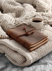 Coziness captured in a still life featuring a brown leather journal, a white mug of dark coffee, and a textured beige cable knit blanket