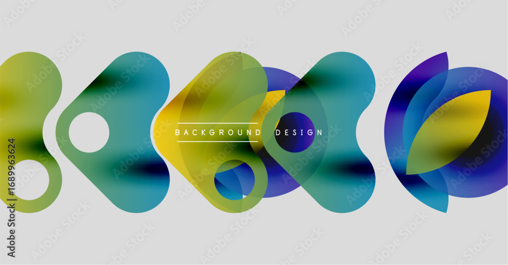Poster abstract colorful shapes overlap, creating dynamic visual effect. gradient hues blend, forming moder