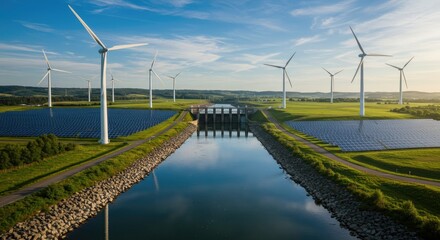 Renewable energy farm with wind turbines and solar panels