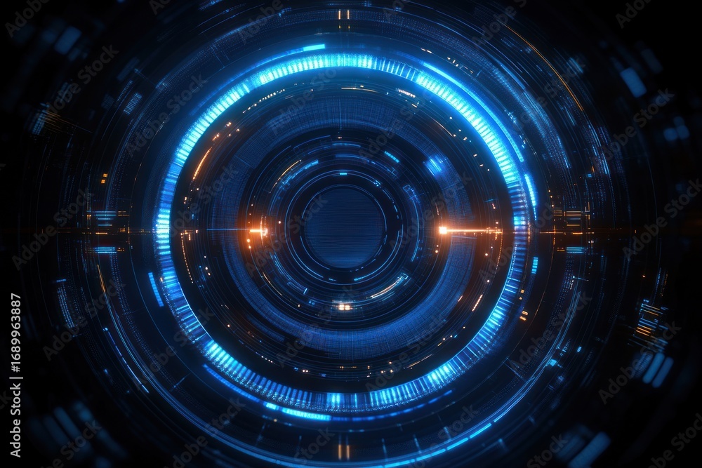 Poster glowing blue and orange concentric circular digital interface with futuristic high-tech design and d