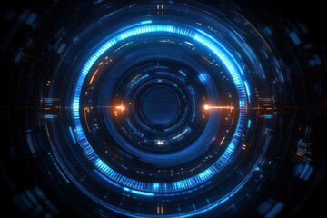 Glowing blue and orange concentric circular digital interface with futuristic high-tech design and dynamic light effects