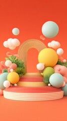 3D scene features pastel spheres, fluffy clouds, and green plant-like shapes arranged around striped stairs leading to an arched opening against an orange background