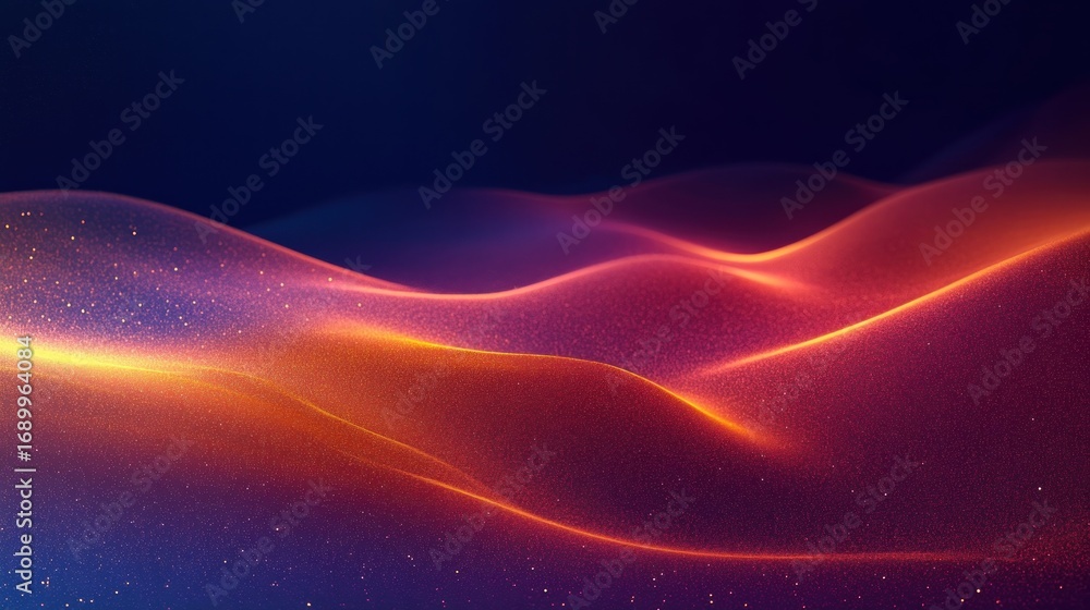 Poster abstract flowing waves of glowing orange and purple light against a dark blue background creating a 